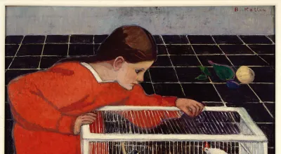 Gemälde eines Mädchens im orangefarbenen Kleid, das in einen Vogelkäfig sieht
