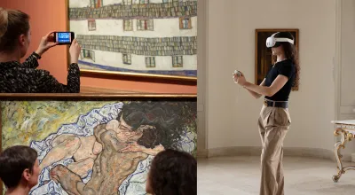 People with VR glasses in front of artworks.