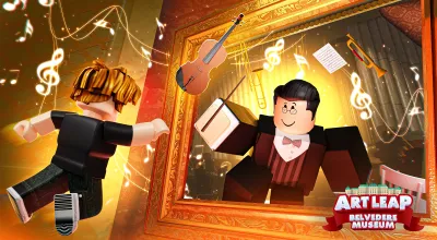 Spielfiguren im Spiel The Philharmonics, eine Figur kommt aus einem Bilderrahmen, die andere fliegt im Raum, Musikinstrumente, Noten und Notenblätter