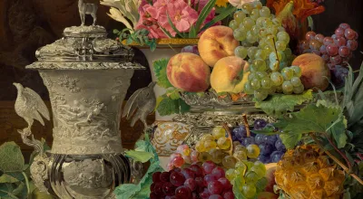 Ferdinand Georg Waldmüller, Stillleben mit Früchten, Blumen und silbernem Pokal, 1839