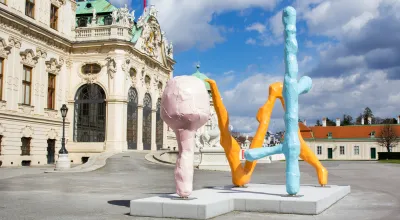 Lacquered Aluminium, in three parts  300 x 125 x 125 cm (pink), 370 x 500 x 250 cm (orange), 510 x 270 x 200 cm (blue)  Courtesy Franz West Privatstiftung