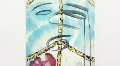 Lack, Acryl, Transferdruck, Knüpfbatik auf Leinwand  70 x 55cm