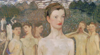 young woman in the front - in the back young men, naked as her. 