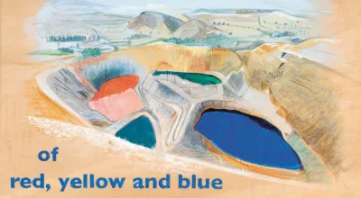 Eine ockerfarbene Landschaft mit verschiedenen Farbseen. Auf dem Bild ist oben und unten ein Schriftzug "Who's afraid of red, yellow and blue"